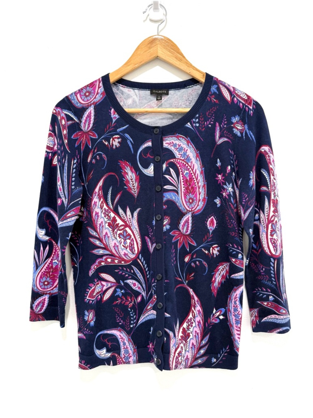 Talbots Navy Blue Paisley Print Button-Up 3/4 Sleeve Cardigan Sweater Small